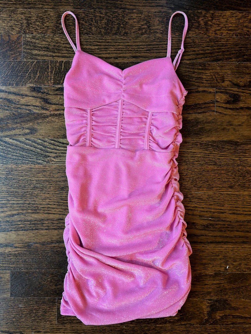 Katie J NYC Shimmery Pink Ruched Mini Dress
